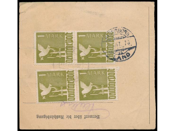 alte  Ersatzpostgutkarte  (Formular C 18 E ...) als  Notpaketkarte,  Frankatur 2 x 35 Pf. Ziffer und 4 x 1 M. Taube (rückseit