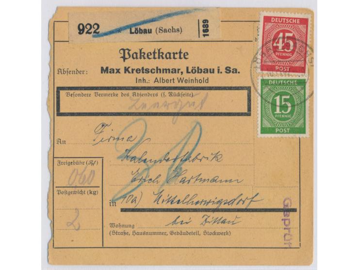 15 Pf. und 45 Pf. Ziffer auf  Paketkarte  mit Stempel  Löbau (Sachs)  10.11.47 nach Mittelherwigsdorf  bei Zittau, violetter 