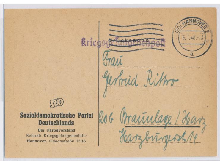 Drucksachenkarte der  "Kriegsgefangenenhilfe der SPD"  mit Maschinenstempel  Hannover 2  3.1.48 als portofreie Kriegsgefangen