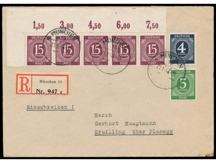 15 Pf. Ziffer bräunlichlila als linker oberer  Eckrand-Fünferstreifen  mit 4 Pf. und 5 Pf. Ziffer auf  Einschreibbrief  mit S