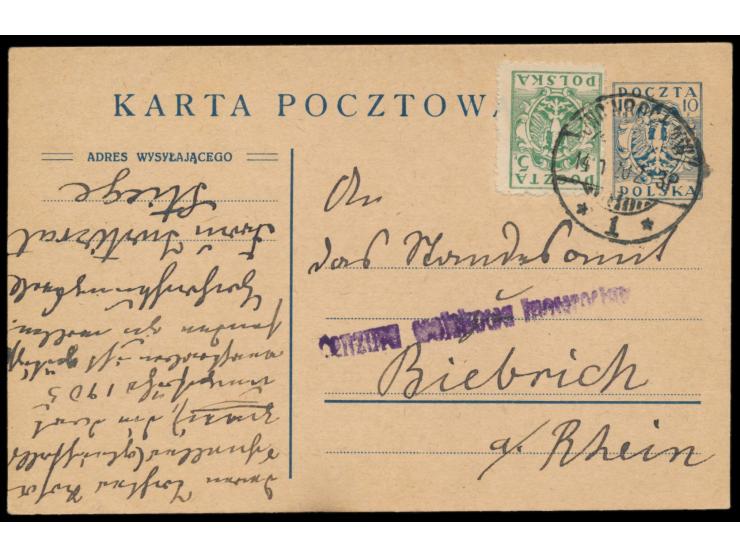 Polnisches Aufstandsgebiet in Westpreußen, &nbsp;seltene Ganzsache 10 F (&quot;Karta Pocztowa&quot; = 77 mm) mit Zusatzfranka