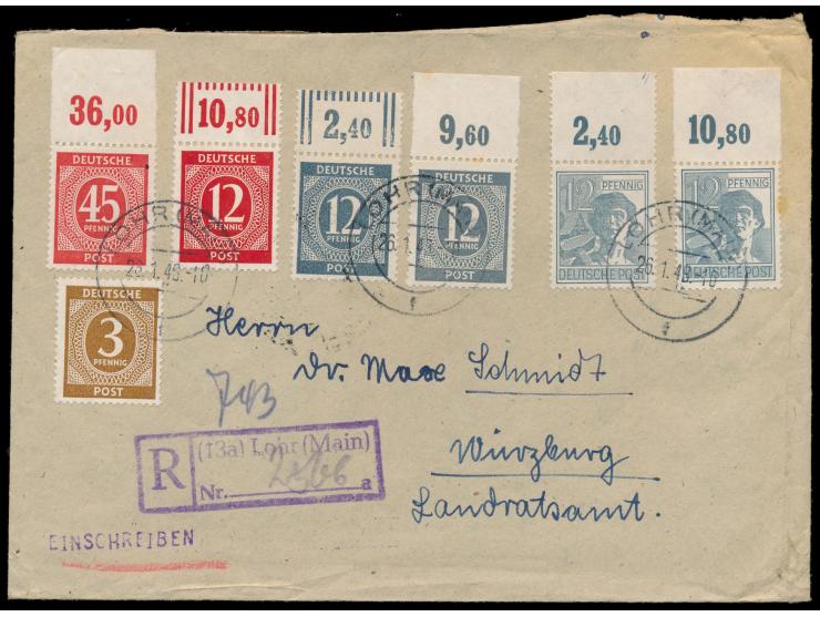 12 Pf. Arbeiter mit durchgezähntem Oberrand  mit vier weiteren 12 Pf. und einer 45 Pf., alle mit Oberrand, und eine 3 Pf. auf