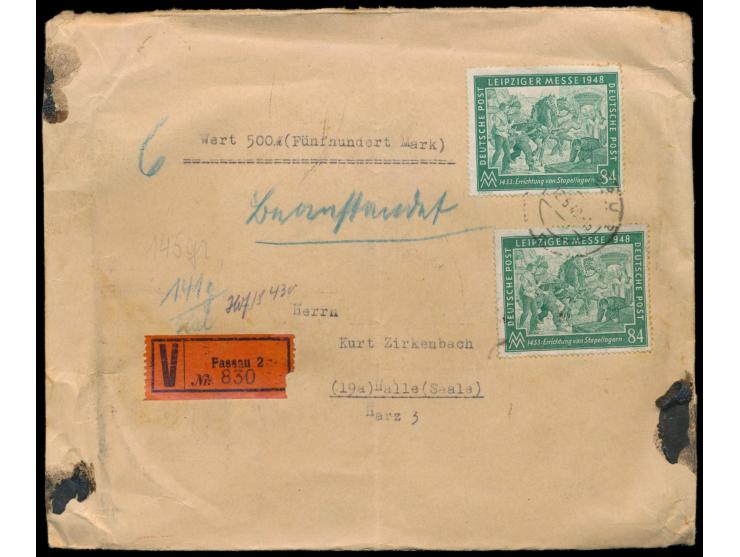 2 x 84 Pf. Leipziger Messe als seltene portorichtige Mehrfachfrankatur auf Wertbrief (19,5 x 15 cm) mit Wertangabe 500 M. und