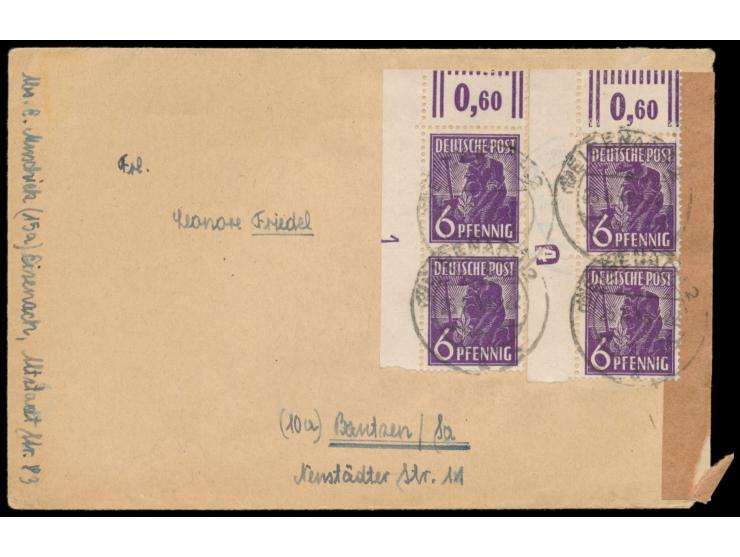 Zwei senkrechte Eckrandpaare 6 Pf.  mit Plattennummern 1   und 4  (positiv bzw. negativ) auf Brief nach Bautzen, Stempel  Eis