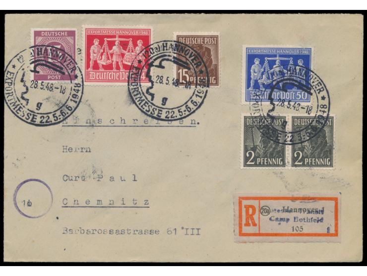 Einschreibbrief 2. Gewicht mit Sonderstempel  Hannover Exportmesse  mit UB g 28.5.48 nach Chemnitz, R-Zettel Hannover 1 mit L
