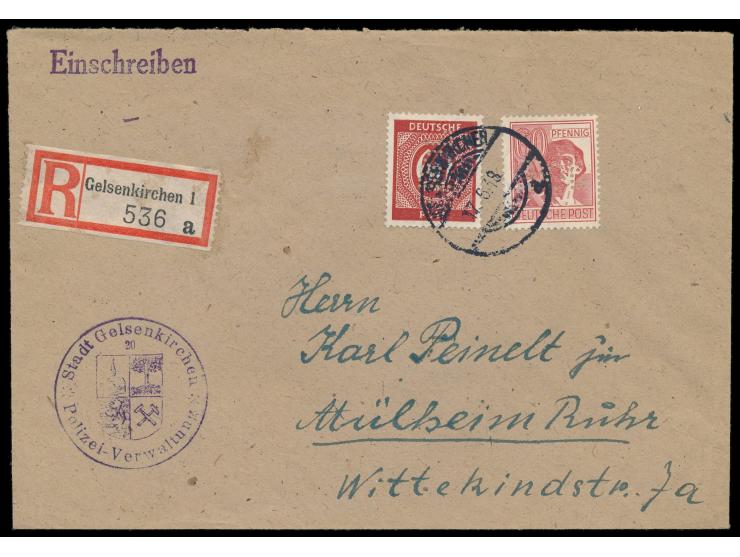 60 Pf. Ziffer und 60 Pf. Arbeiter mit  POL-Lochung  (Polizeidirektion Essen) auf Einschreibbrief, Stempel  Gelsenkirchen  17.