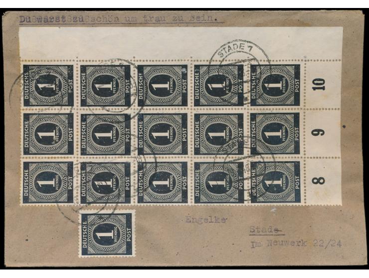 16 x  1 Pf. Ziffer  (15er-Eckrand-Block rechts unten und Einzelmarke) auf Ortsbrief, Stempel  Stade   1  19.6.48, portorichti