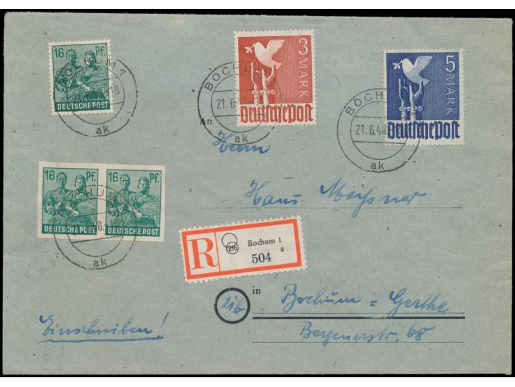 16 Pf. Arbeiter im  ungezähnten waagerechten Paar  mit weiterer 16 Pf. und 3 M. und 5 M. Taube als  Zehnfachfrankatur  auf Or