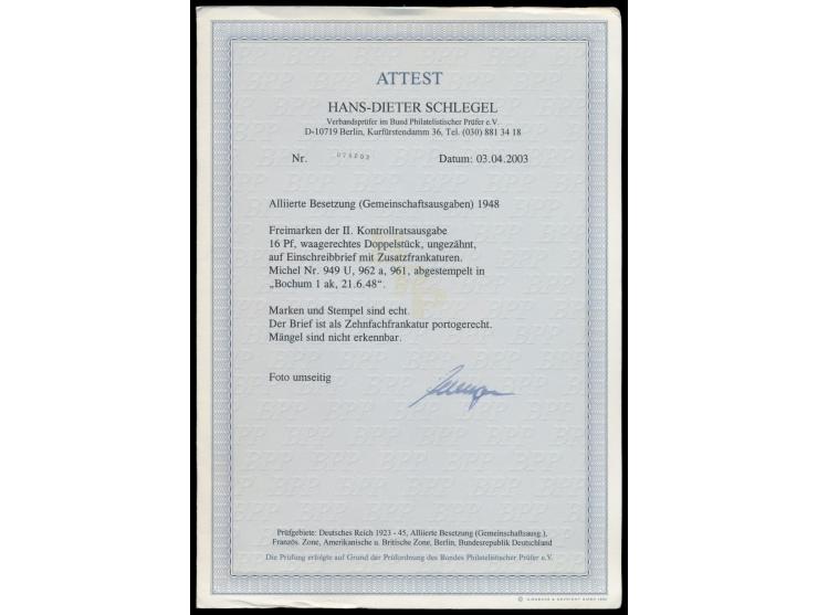 16 Pf. Arbeiter im  ungezähnten waagerechten Paar  mit weiterer 16 Pf. und 3 M. und 5 M. Taube als  Zehnfachfrankatur  auf Or