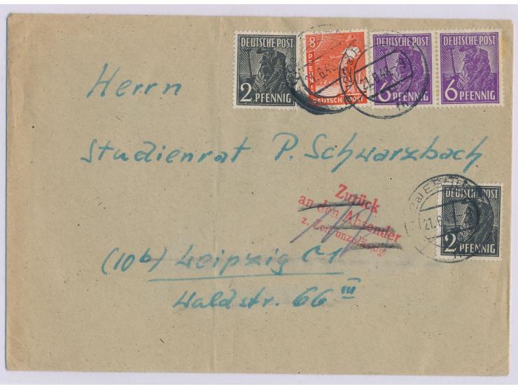 Briefkastenleerung am Tag der Währungsreform: Brief mit Kontrollrat-Mischfrankatur 24 Pf., Stempel  Essen 1  21.6.48, nach Le