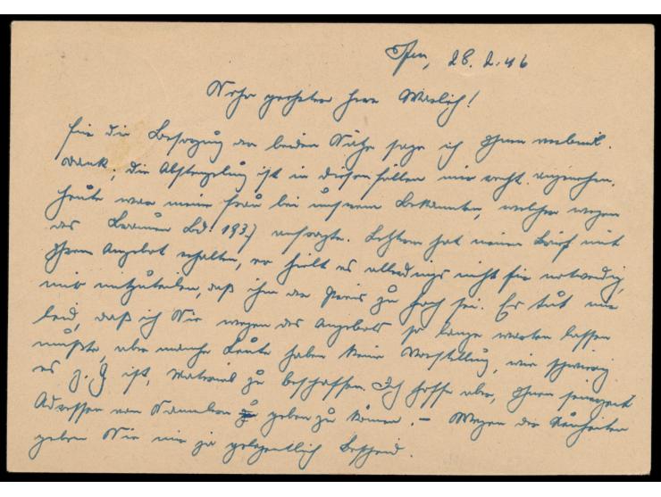 Ganzsache 5 Pf. Ziffer als Ortskarte mit Stempel  Frankfurt (Main) Süd 10  1.3.46 -9,  Briefkastenleerung  am Porto-Wechselta