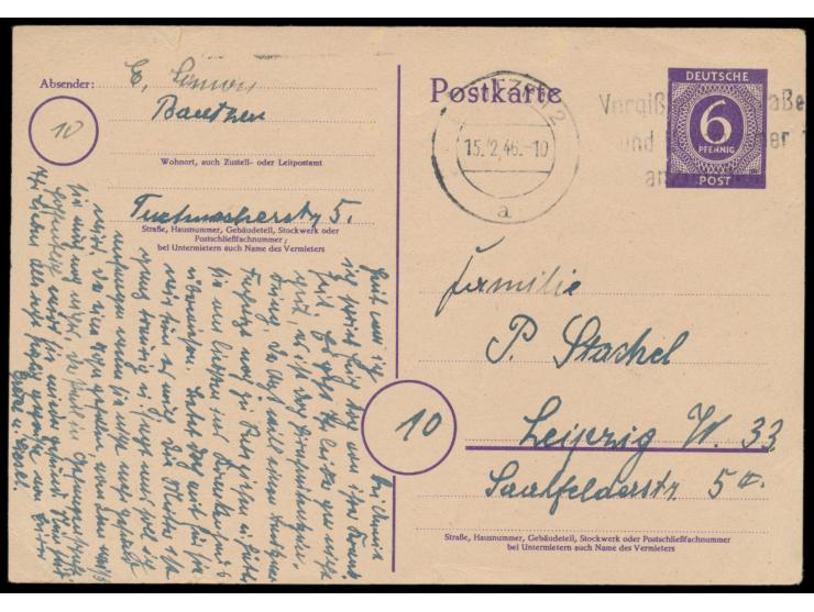 Ganzsache 6 Pf. Ziffer mit Maschinenstempel  Bautzen 2  15.2.46 nach Leipzig, seltene Frühverwendung in der OPD Dresden, Beda