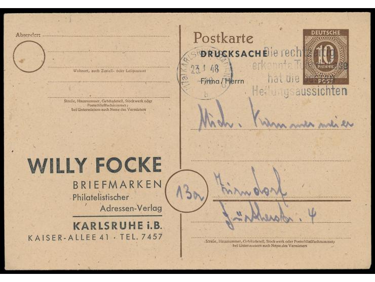 Ganzsache 10 Pf. Ziffer mit beidseitigem  Zudruck "Willy Focke, Karlsruhe i. B."  als Drucksache nach Zirndorf, Maschinen-Wer