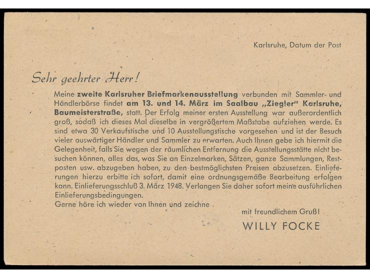 Ganzsache 10 Pf. Ziffer mit beidseitigem  Zudruck "Willy Focke, Karlsruhe i. B."  als Drucksache nach Zirndorf, Maschinen-Wer