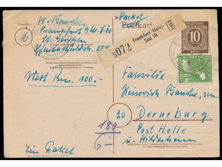 Ganzsache 10 Pf. Ziffer  mit Zusatzfrankatur 10 Pf. und 2 x 80 Pf. Arbeiter (letztere rückseitig) als  Notpaketkarte  mit Ste