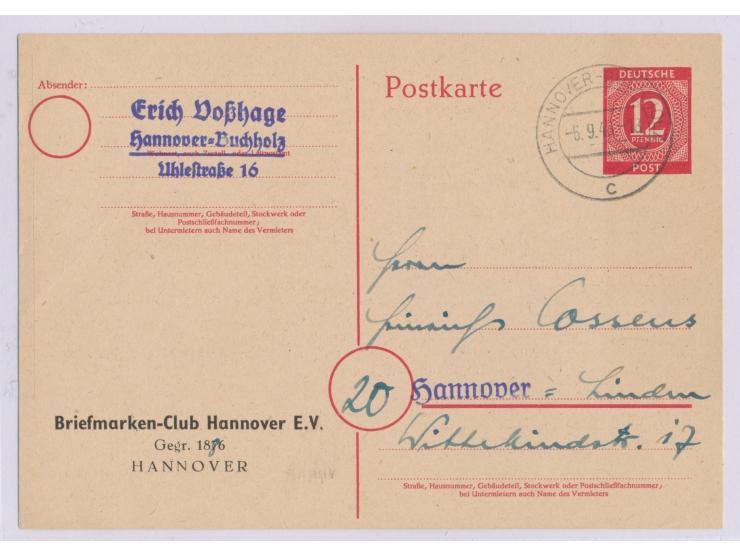 Ganzsache 12 Pf. Ziffer rot mit beidseitigem  Zudruck "Briefmarken-Club Hannover E.V.",  Druckfehler (Gründungsjahr) im Absen