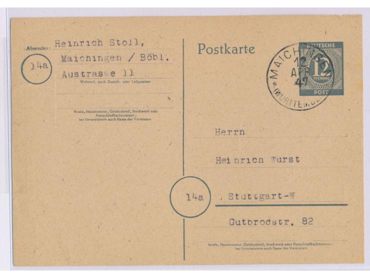 Württemberg-K1  Maichingen (Württemberg)  12. Apr. 47 auf Ganzsache 12 Pf. nach Stuttgart, Bedarf
Postleitzahl: 710
