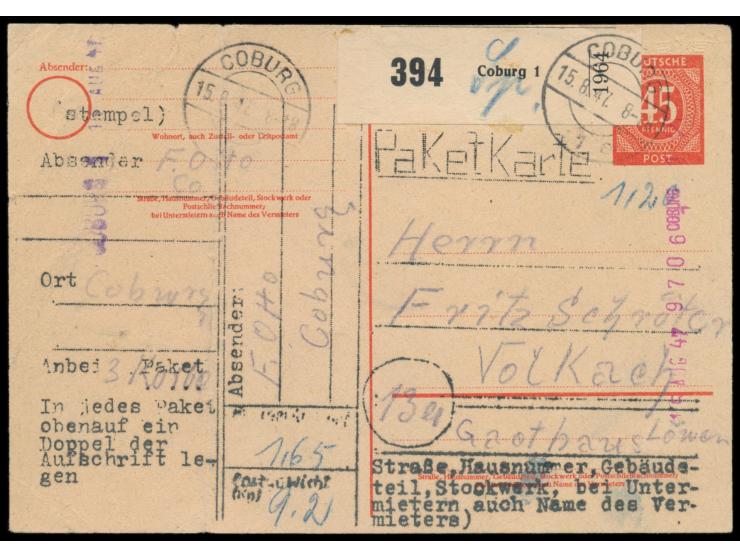Ganzsache 45 Pf.  Ziffer mit Matrizüberdruck als  Notpaketkarte,  Stempel  Coburg 1  15.8.47, roter  Registrierkassenstempel 