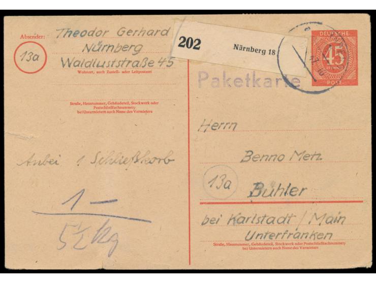Ganzsache 45 Pf.  Ziffer mit viol. Handstempel  "Paketkarte"  von  Nürnberg 3  als  Notpaketkarte  mit Aufgabestempel  Nürnbe