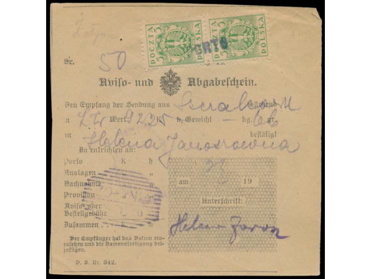 Aviso- und Aufgabeschein (österreichisches Formular) mit senkrechtem Paar  Aushilfsportomarke  5 H. mit Handstempelaufdruck  