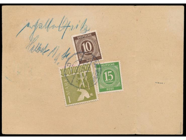 Ganzsache 45 Pf. &nbsp;Ziffer als &nbsp;Notpaketkarte, &nbsp;rückseitig 10 Pf. und 15 Pf. Ziffer und 1 M. Taube als Portoergä