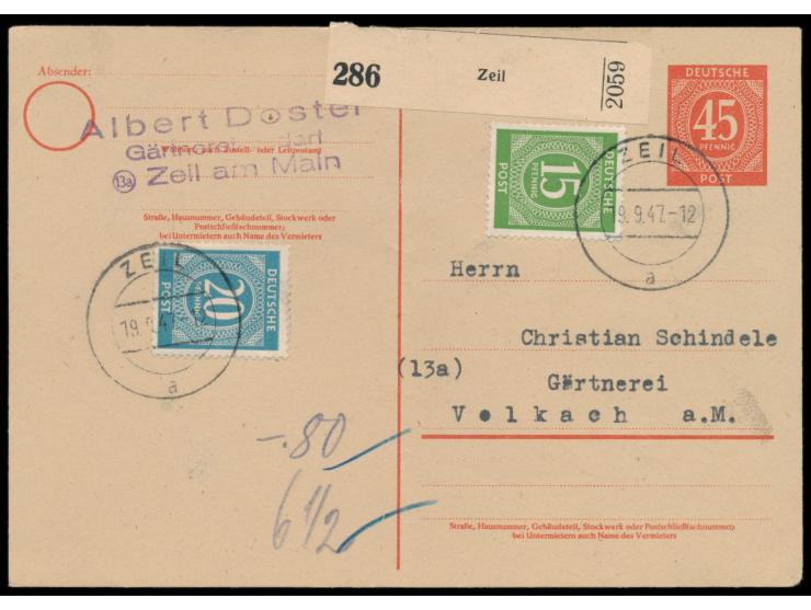 Ganzsache 45 Pf. &nbsp;Ziffer als &nbsp;Notpaketkarte, &nbsp;15 Pf. und 20 Pf. Ziffer als Portoergänzung, Stempel &nbsp;Zeil 