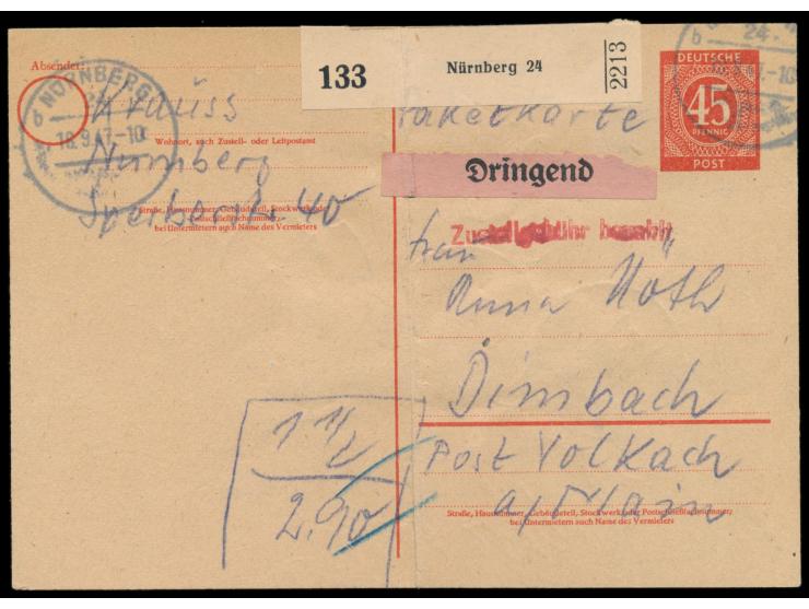 Ganzsache 45 Pf. &nbsp;Ziffer als &nbsp;Notpaketkarte, &nbsp;rückseitig 45 Pf. und 2 M. als Portoergänzung, Stempel &nbsp;Nür