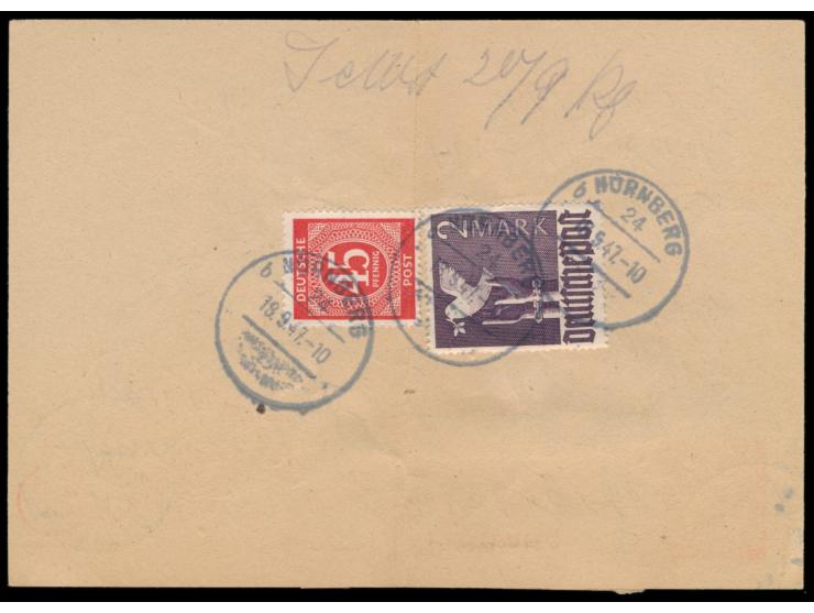 Ganzsache 45 Pf. &nbsp;Ziffer als &nbsp;Notpaketkarte, &nbsp;rückseitig 45 Pf. und 2 M. als Portoergänzung, Stempel &nbsp;Nür