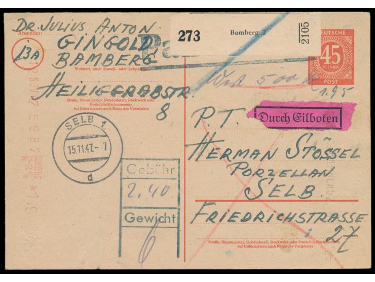 Ganzsache 45 Pf.  Ziffer mit Handstempel "Paketkarte" und Gebühren- / Gewichtsfeld als  Notpaketkarte  von  Bamberg 2,  viole