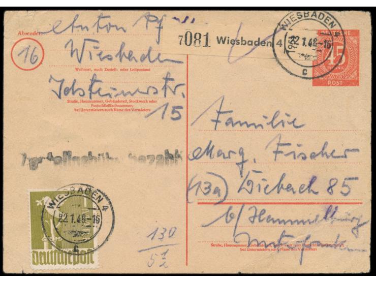 Ganzsache 45 Pf. &nbsp;Ziffer (Verkaufspreis 30 Pf.) als &nbsp;Notpaketkarte, &nbsp;vorderseitig 1 M. Taube (links unten klei