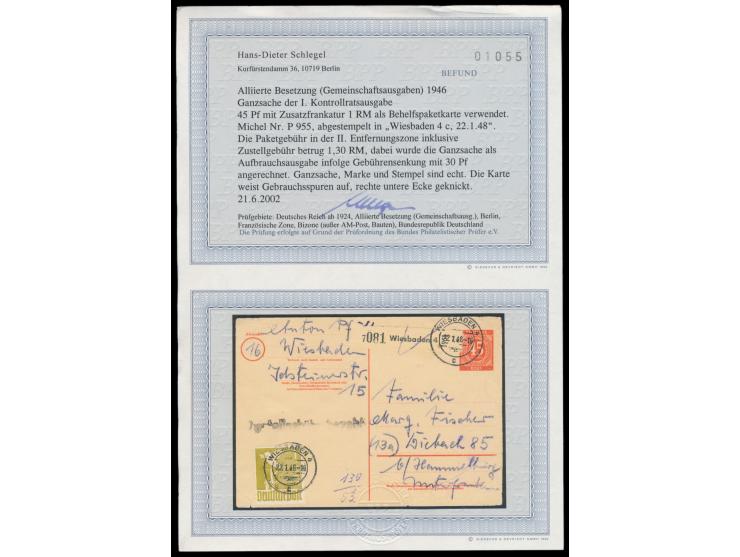 Ganzsache 45 Pf. &nbsp;Ziffer (Verkaufspreis 30 Pf.) als &nbsp;Notpaketkarte, &nbsp;vorderseitig 1 M. Taube (links unten klei