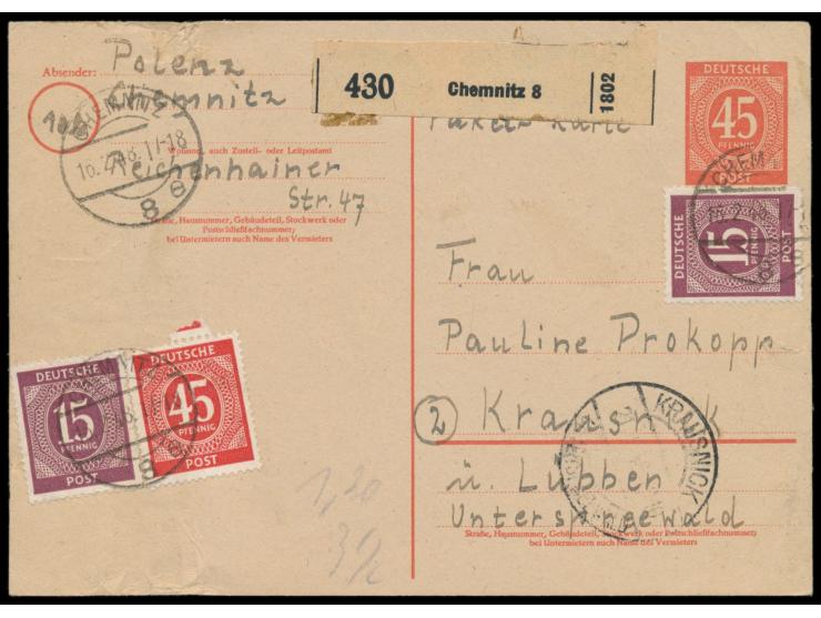 Ganzsache 45 Pf. &nbsp;Ziffer als &nbsp;Notpaketkarte, &nbsp;2 x 15 Pf. und 45 Pf. Ziffer als Portoergänzung, Stempel &nbsp;C