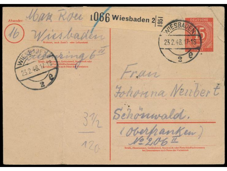 Ganzsache 45 Pf.  Ziffer (Verkaufspreis 30 Pf.) als  Notpaketkarte,  rückseitig 2 x 45 Pf. Ziffer als Portoergänzung, Stempel