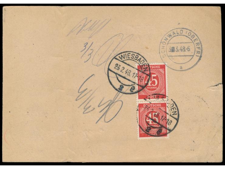 Ganzsache 45 Pf.  Ziffer (Verkaufspreis 30 Pf.) als  Notpaketkarte,  rückseitig 2 x 45 Pf. Ziffer als Portoergänzung, Stempel