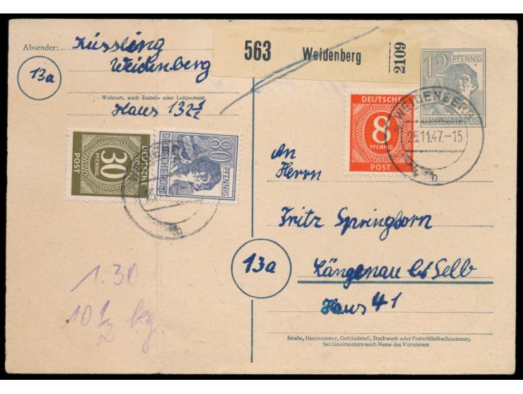 Ganzsache 12 Pf.  Arbeiter   mit Zusatzfrankatur 8 Pf. und 30 Pf. Ziffer und 80 Pf. Arbeiter  als  Notpaketkarte  mit Stempel