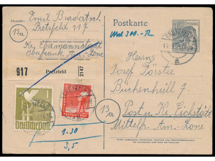 Ganzsache 12 Pf.  Arbeiter   mit Zusatzfrankatur 10 Pf. Ziffer (rückseitig), 8 Pf. Arbeiter und 1 M. Taube als  Notpaketkarte