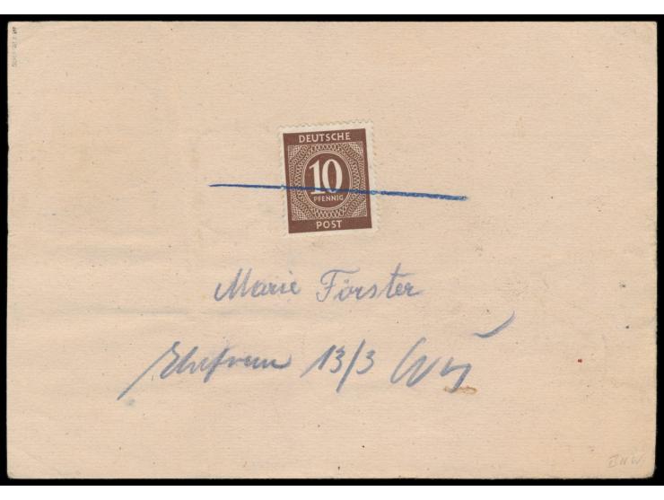 Ganzsache 12 Pf.  Arbeiter   mit Zusatzfrankatur 10 Pf. Ziffer (rückseitig), 8 Pf. Arbeiter und 1 M. Taube als  Notpaketkarte