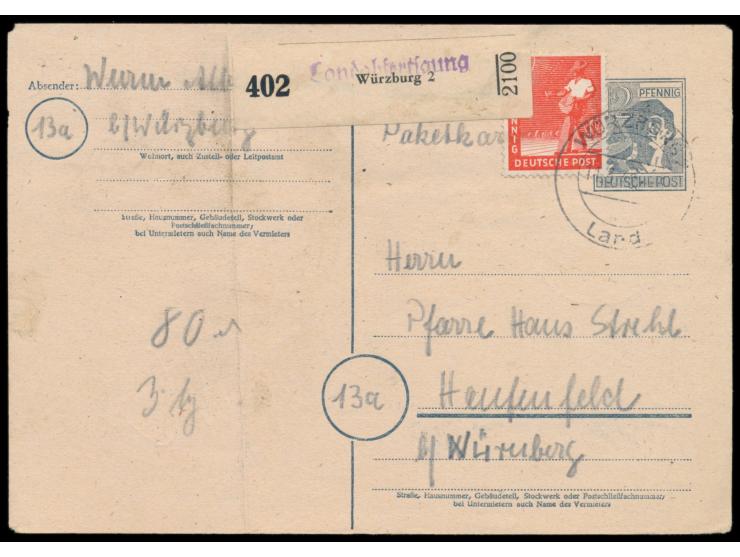 Ganzsache 12 Pf.  Arbeiter   mit Zusatzfrankatur 2 x 20 Pf. Ziffer und 8 Pf. und 20 Pf. Arbeiter als  Notpaketkarte  mit Stem