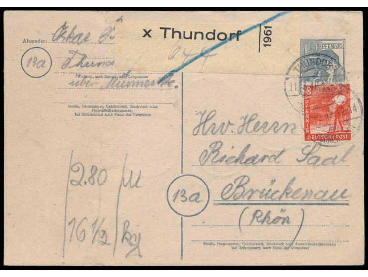 Ganzsache 12 Pf.  Arbeiter   mit Zusatzfrankatur 8 Pf., 40 Pf., 60 Pf. und 1 M. Taube als  Notpaketkarte  mit Stempel  Thundo