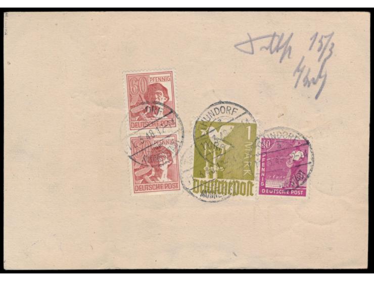 Ganzsache 12 Pf.  Arbeiter   mit Zusatzfrankatur 8 Pf., 40 Pf., 60 Pf. und 1 M. Taube als  Notpaketkarte  mit Stempel  Thundo