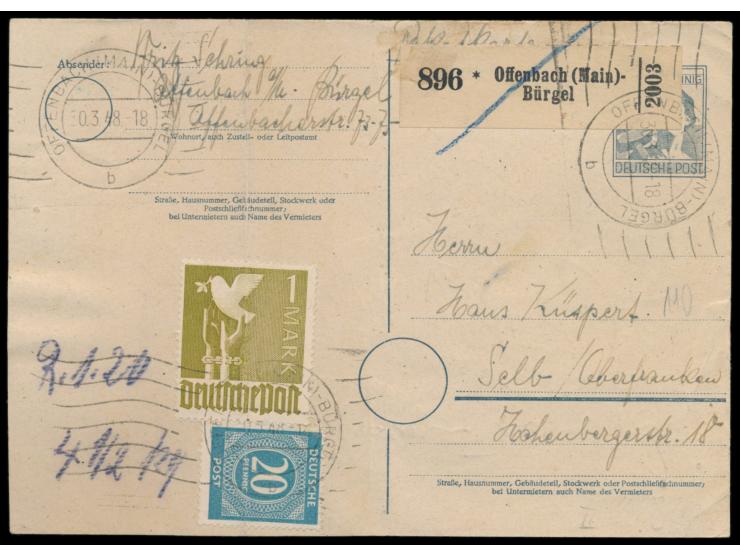 Ganzsache 12 Pf.  Arbeiter   (als 10 Pf.) mit Zusatzfrankatur 20 Pf. Ziffer und 1 M. Taube als  Notpaketkarte  mit Handrollst