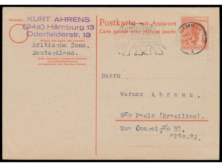Ganzsachen-Doppelkarte 30 Pf.  mit Maschinenstempel Hamburg 1 21.6.48 -9  nach Brasilien,  Briefkastenleerung am Tag der  Wäh