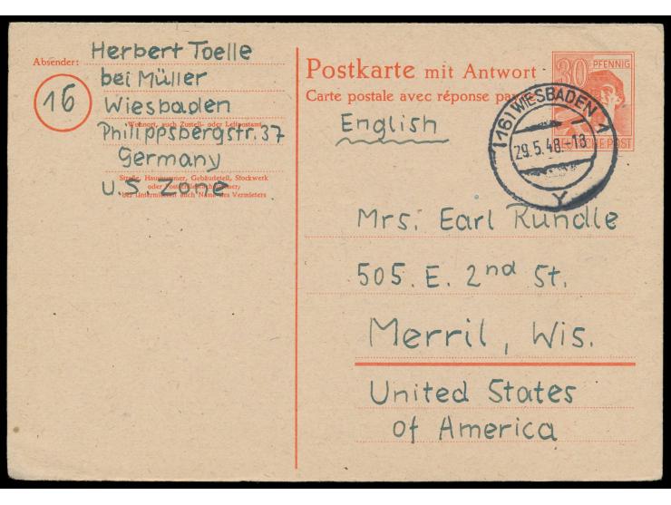 Ganzsachen-Doppelkarte 30 Pf.  mit Stempel Wiesbaden 1 29.5.48 nach USA, Antwortteil hängt ungebraucht an, Bedarf
Postleitzah