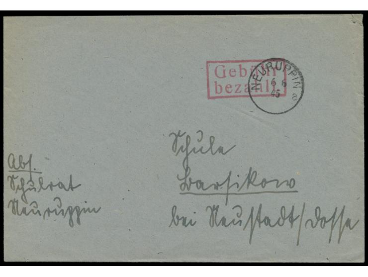 früher Brief mit altem Reichspost-K1  Neuruppin a  6.6.(1945) und rotem R2 Gebühr bezahlt nach Barsikow, Bedarf
Stichwörter: 