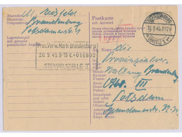 Ostarbeiter-Ganzsache (Frageteil) mit überklebtem Hitlerkopf-Wertstempel, Stempel  Brandenburg (Havel) 1  18.9.45 und roter R