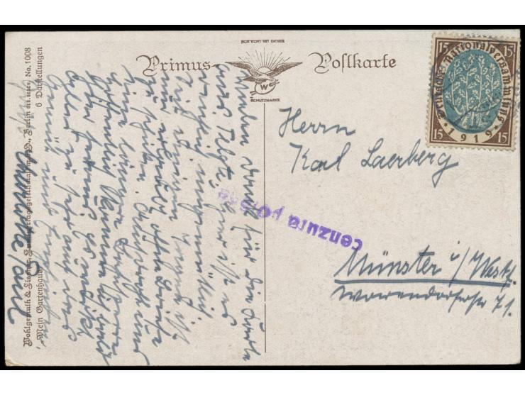 Westpreußisches Abtretungsgebiet 1920: &nbsp;Deutsches Reich 15 Pf. &quot;Nationalversammlung&quot; auf Ansichtskarte, deutsc