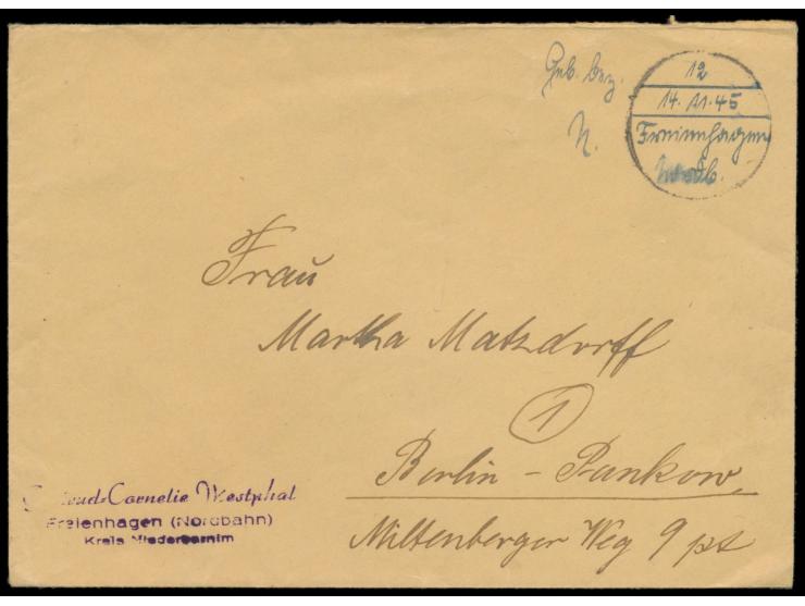 Kreisstempel und handschriftlicher Aufgabevermerk  Freienhagen Nordb. 14.11.45 Geb.  bez. 12 Pf.  auf Brief nach Berlin-Panko