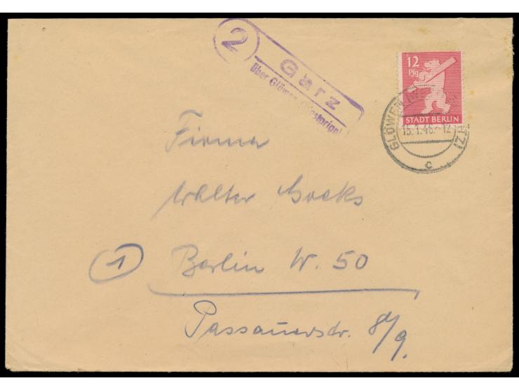 12 Pf. Bär auf Brief mit Stempel Glöwen (Westprignitz) 15.1.46 und Aufgabestempel der PSt I  (2) Garz über Glöwen (Westprign)