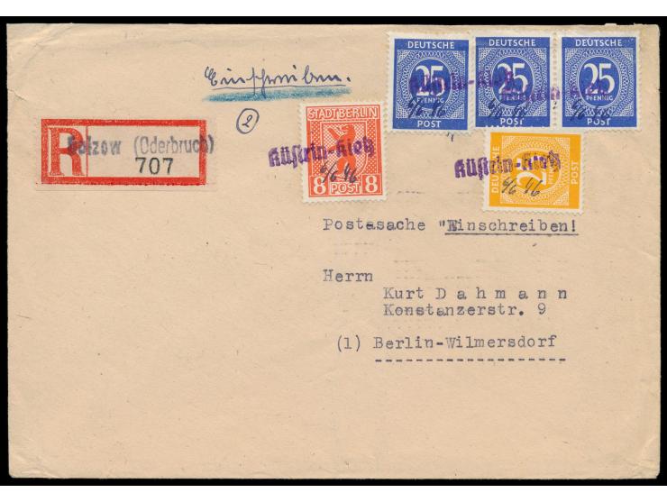 violetter Not-L1 &nbsp;Küstrin-Kietz &nbsp;mit handschriftlichem Datum 6.6.46 auf Einschreibbrief 2. Gewicht, Frankatur 8 Pf.