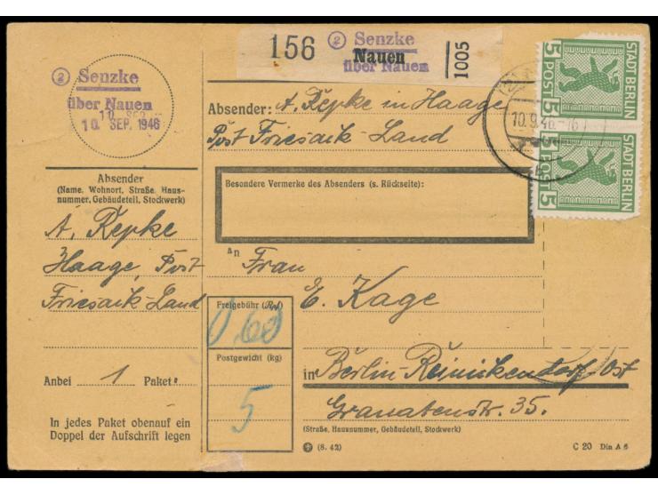 Paar (vorderseitig, kleine Eckfehler) und Achterblock 5 Pf. Bär beidseitig auf Paketkarte, sehr seltener violetter Not-L2 (2)